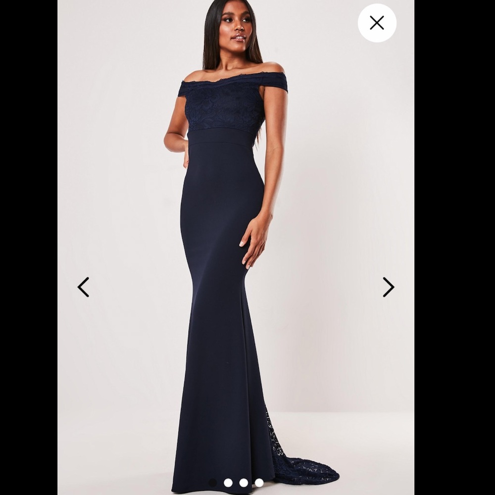 Missguided Navy blue Bardot gown with lace train